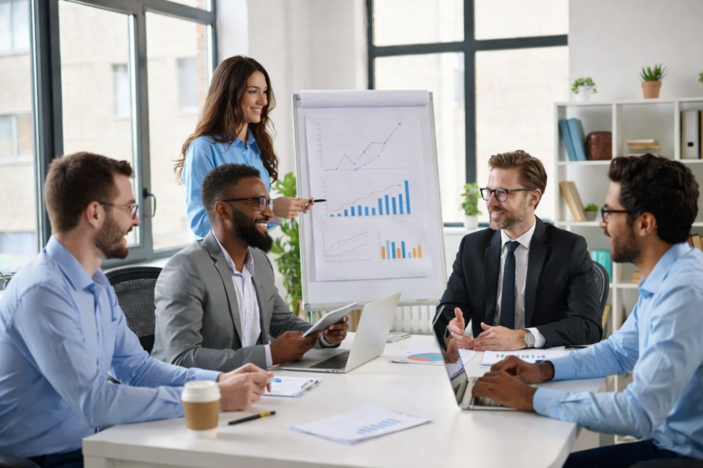 Business team meeting with professionals discussing charts and graphs in a modern office.