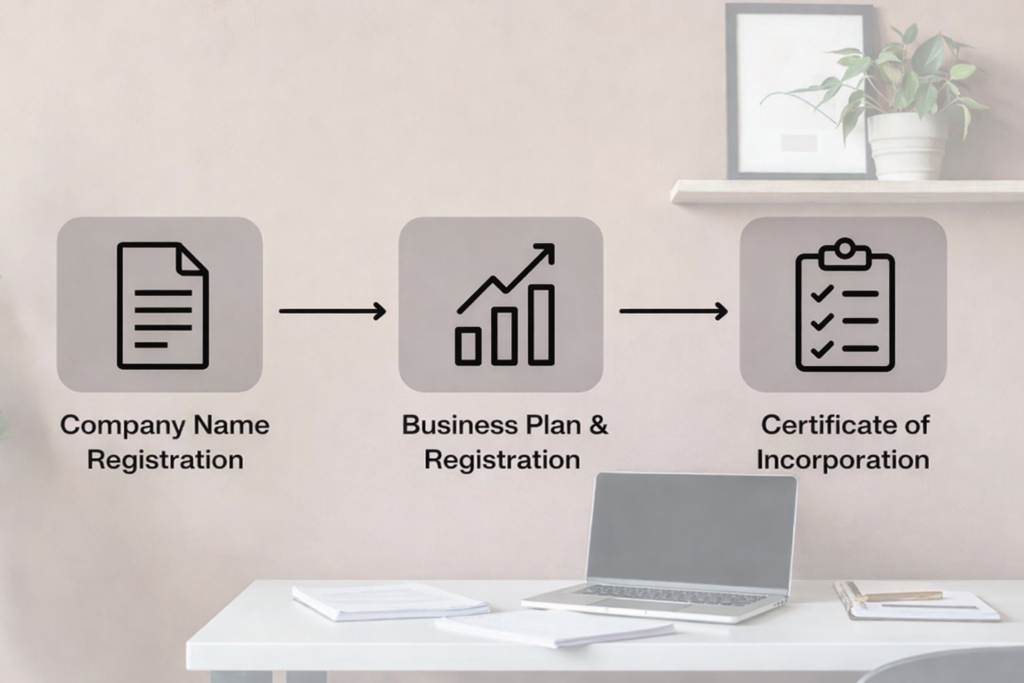 Company registration process infographic with three steps: name registration, business plan, and incorporation certificate.