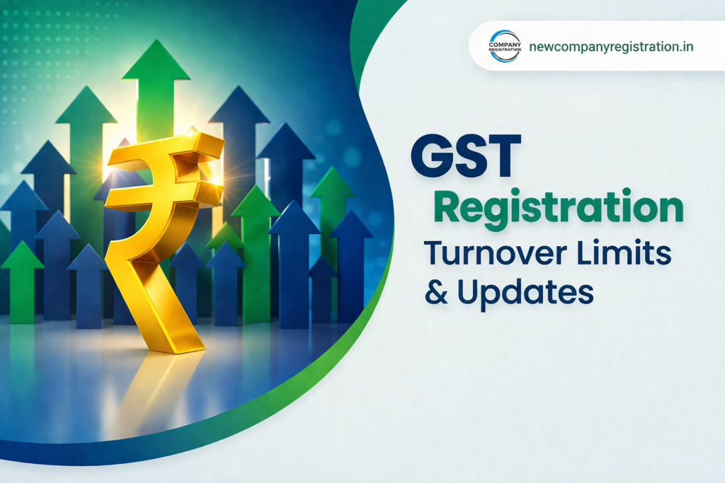 GST Registration turnover limits 2026 infographic with rupee symbol and growth arrows, business tax update concept
