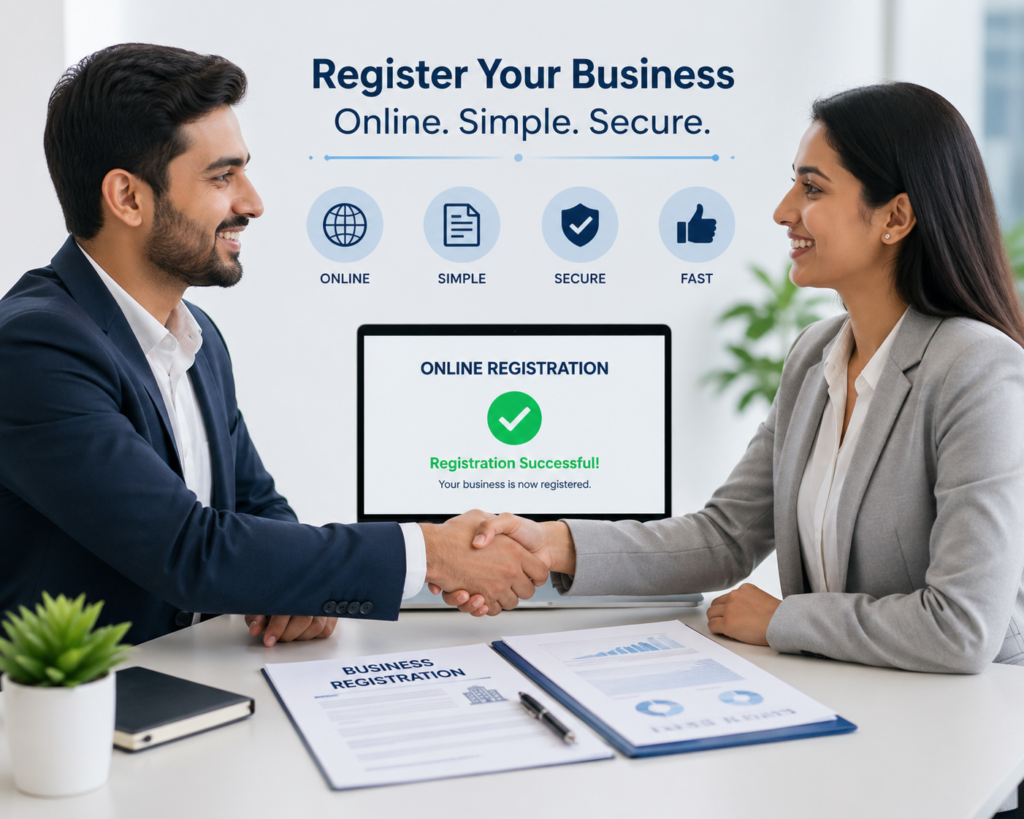 Online business registration handshake with successful confirmation on screen