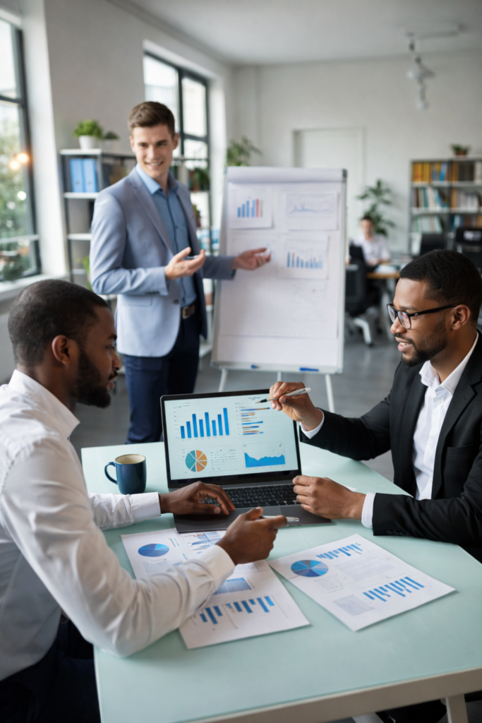 Business team analyzing charts in a modern office meeting