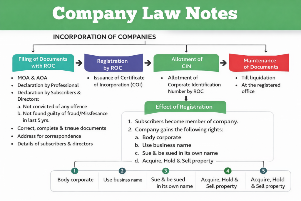 Company incorporation process flowchart with ROC filing, registration, CIN allotment and compliance steps
