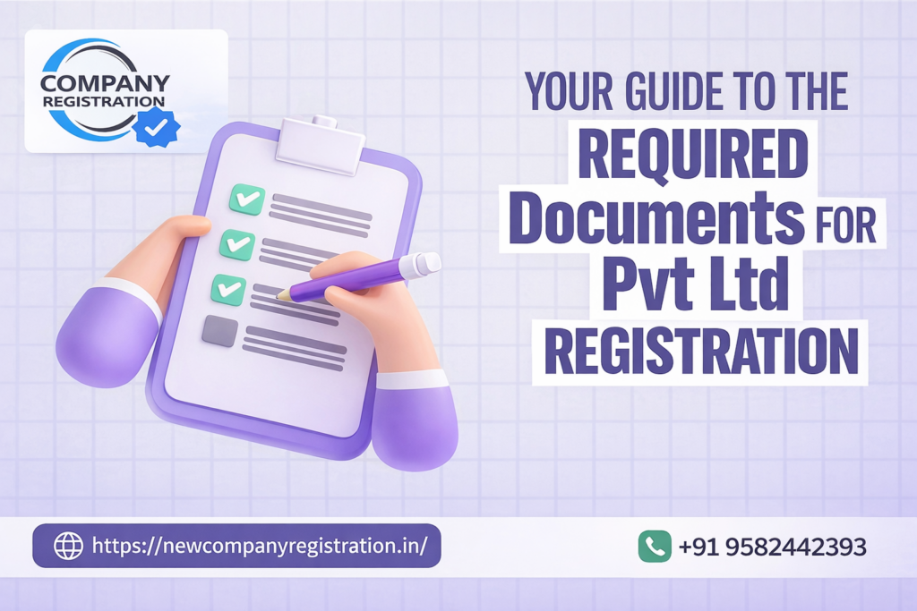 Required documents for Pvt Ltd registration checklist with company logo, website link and contact number displayed in a professional banner design