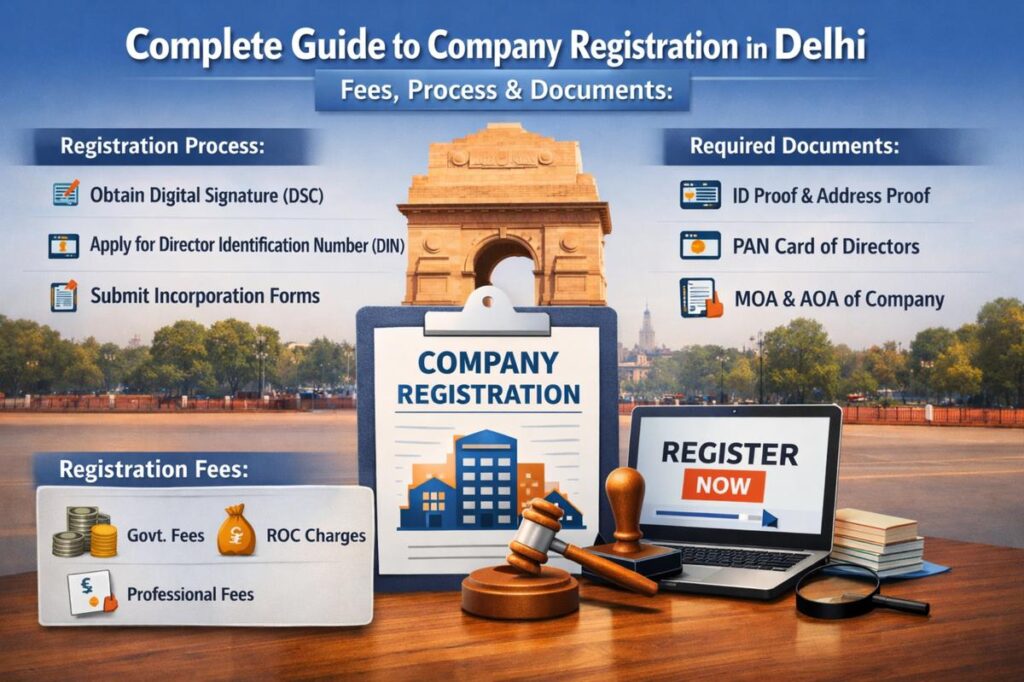 Complete guide to company registration in Delhi including fees, process, required documents, DSC, DIN, and incorporation steps with India Gate background