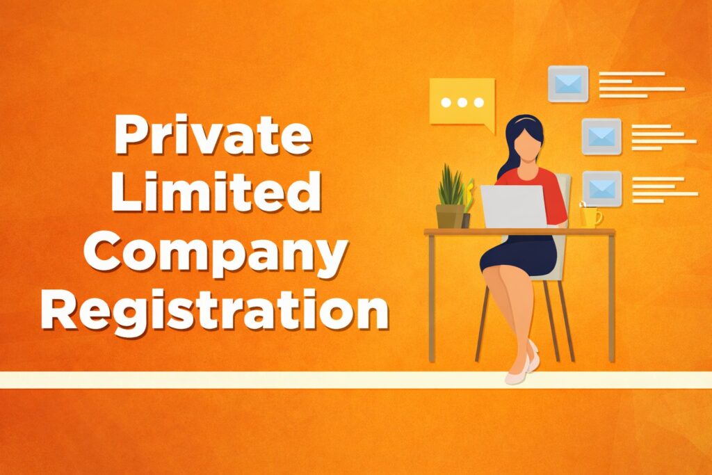 Private Limited Company Registration in Delhi banner with professional working woman and digital communication elements
