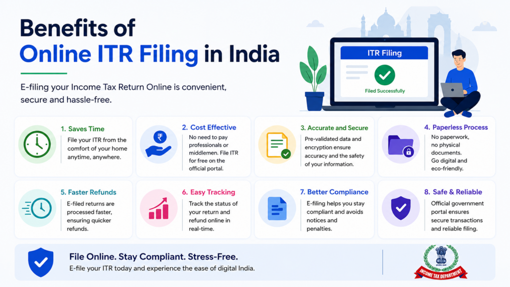 Benefits of Online ITR Filing in India infographic with secure, fast, and paperless e-filing advantages.