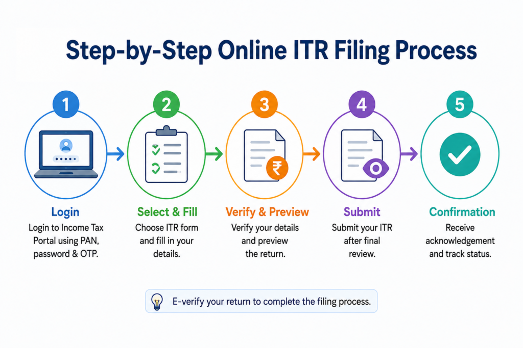 Step-by-Step Online ITR Filing Process infographic for filing income tax return online in India.