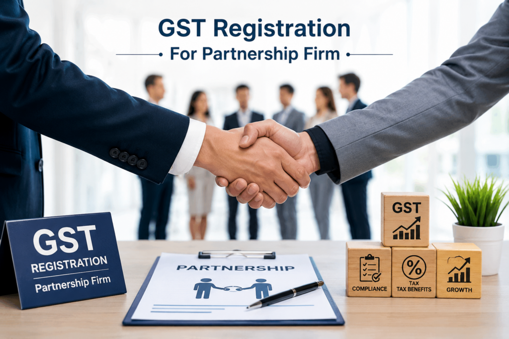 GST registration partnership firm business handshake and documents