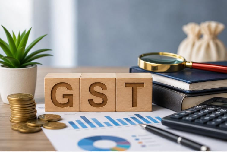 GST Registration for Private Limited Company with financial documents, calculator, coins, and GST blocks