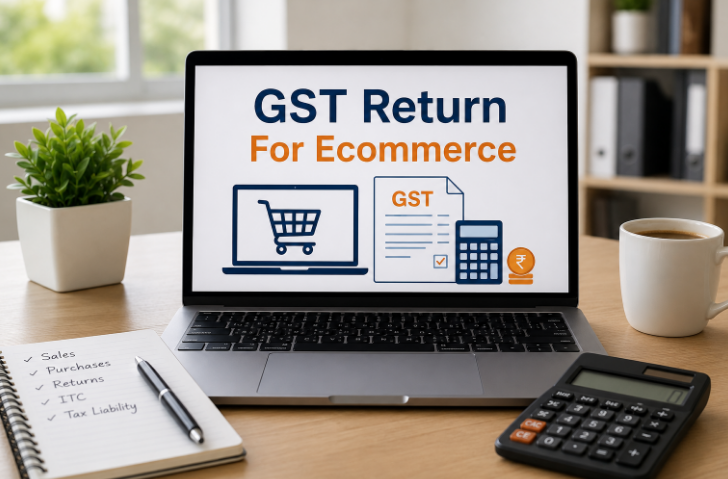GST Return For Ecommerce with laptop showing GST filing documents, shopping cart icon and calculator