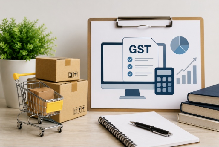 GST Return for Ecommerce Business with online tax filing, calculator, shipping boxes, and business compliance documents