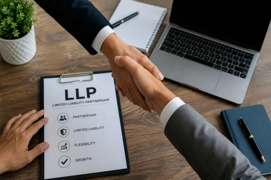 LLP business partnership handshake with registration documents
