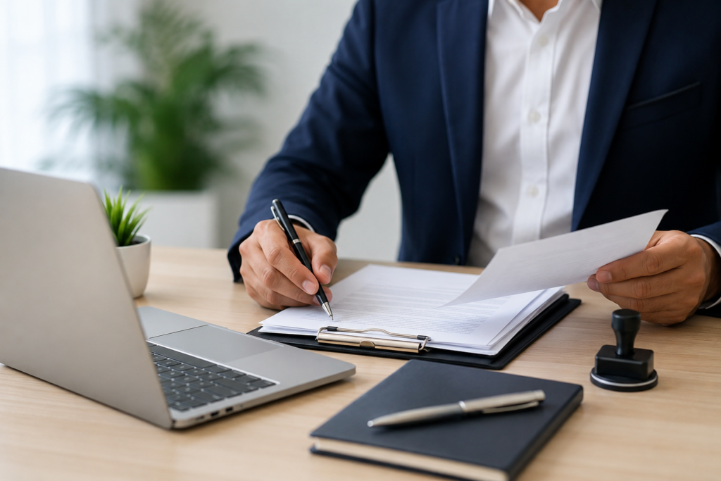 Professional consultant reviewing LLP GST registration documents in a modern office