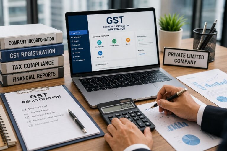 GST Registration for Private Limited Company with business documents and office workspace