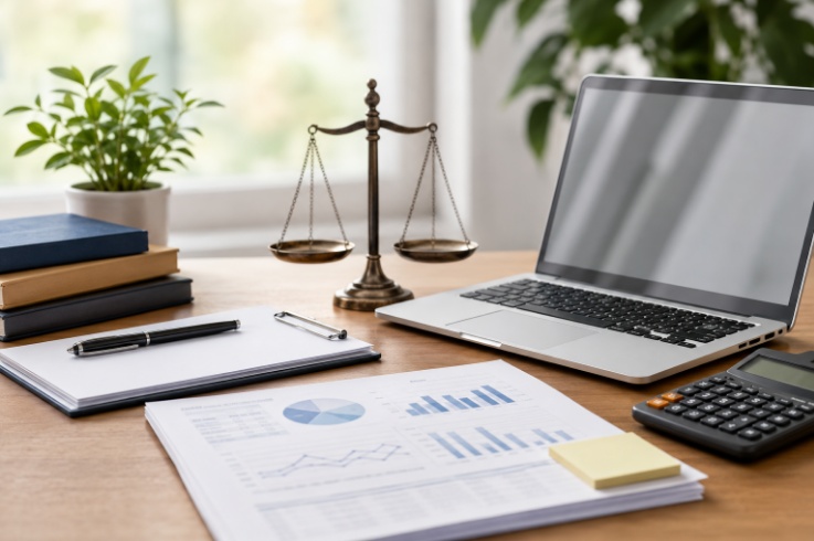 GST Return For Section 8 Company compliance with financial documents, laptop, calculator and legal records