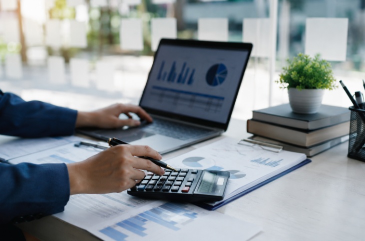 GST Return For Section 8 Company filing with accountant reviewing financial reports and tax documents