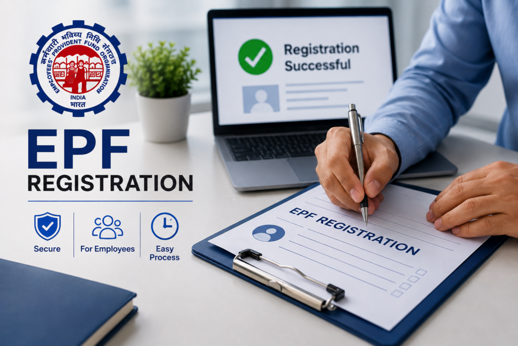 EPF Registration form with EPFO logo and online registration process.