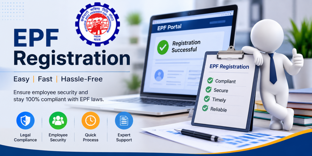 EPF Registration online service banner with employee provident fund compliance and business registration support.