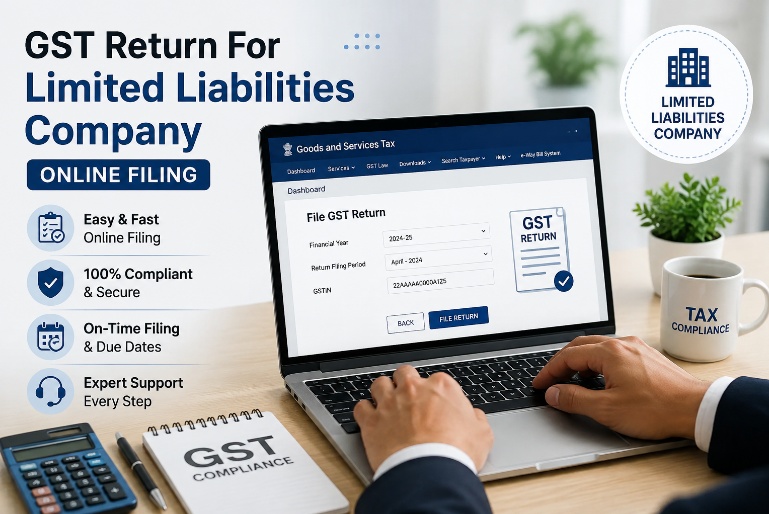 GST Return For Limited Liabilities Company online filing dashboard displayed on a laptop with tax compliance documents, calculator, and business workspace.