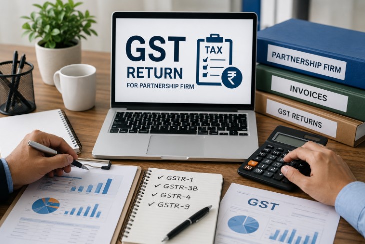 GST Return For Partnership Firm online filing dashboard with laptop, calculator, financial reports, GST documents, and partnership firm records on an office desk.