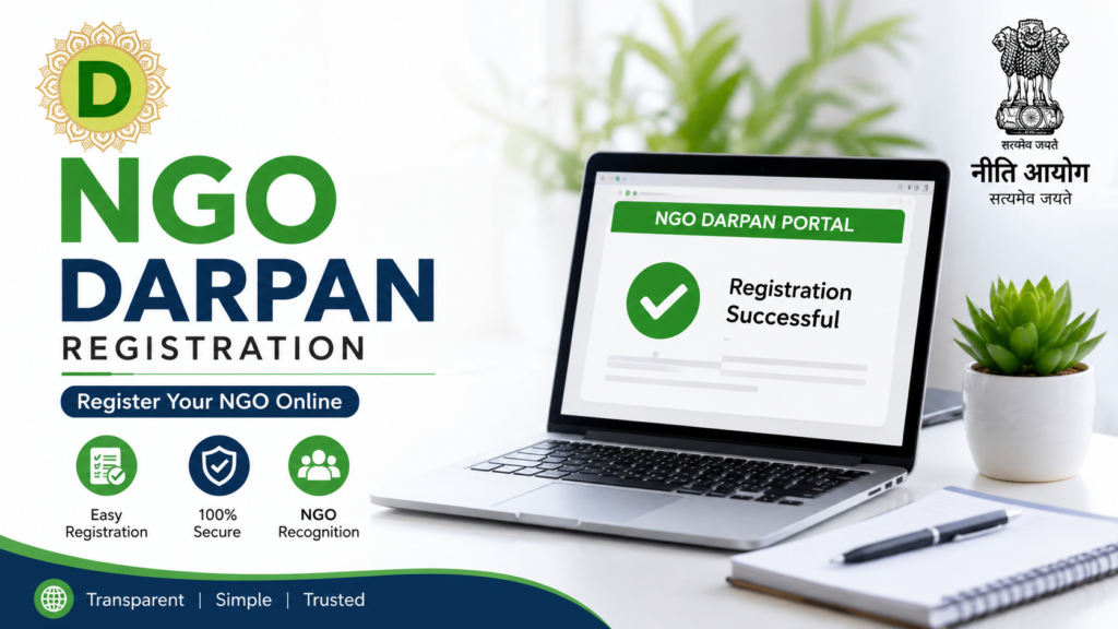 NGO Darpan Registration banner with NITI Aayog logo and online portal.