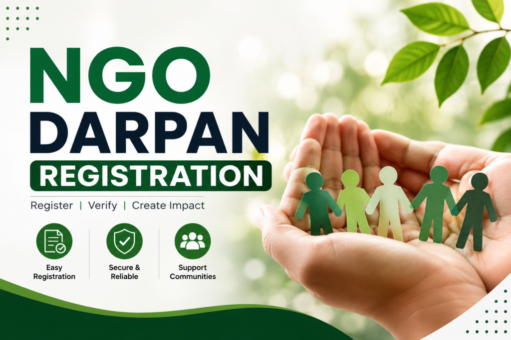 NGO Darpan Registration banner with community support illustration.