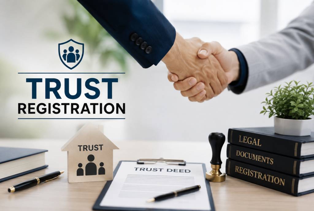 Trust registration agreement with professional handshake.