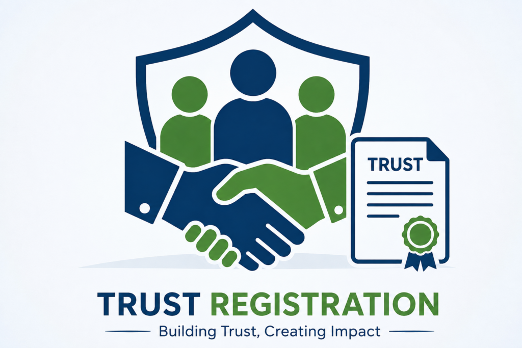 Trust registration handshake with legal certificate icon