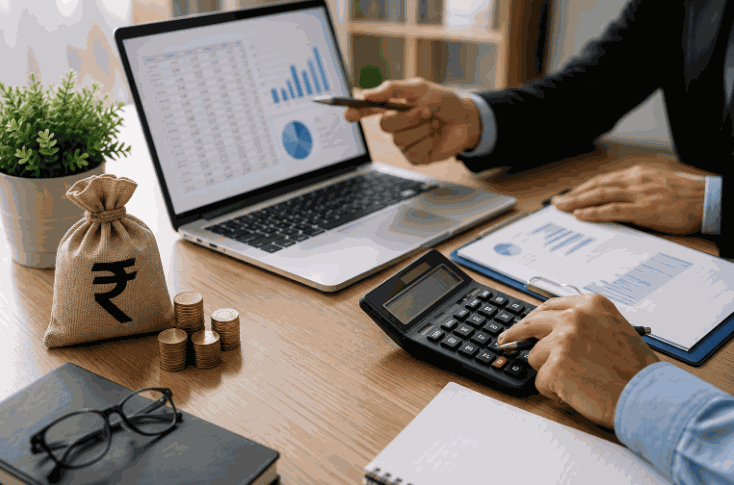 Business professional calculating GST return with laptop, calculator, financial reports, and Indian rupee money bag on office desk.