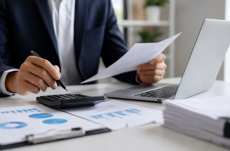 Business consultant calculating financial reports for company registration and GST compliance in office
