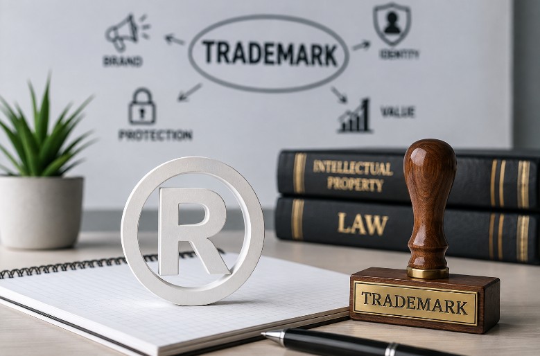 Registered trademark symbol with intellectual property law books and trademark registration concept.